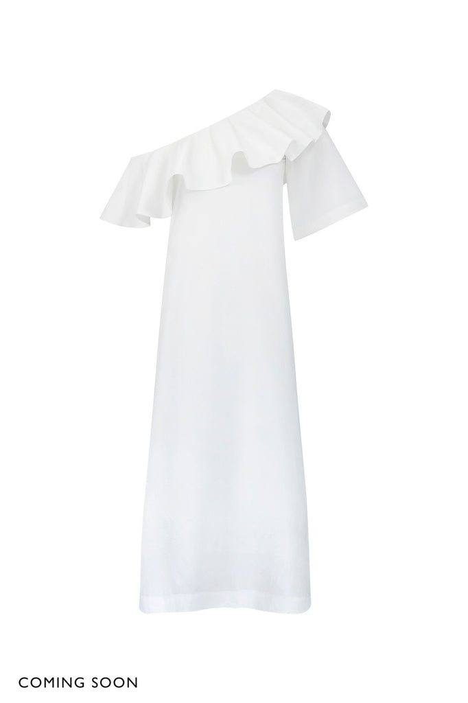 Chichi Dress in White - This midi-length dress features an asymmetrical neckline with a flattering bouncy shoulder frill.
