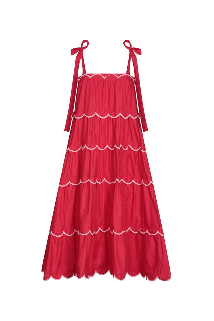  Emely Dress in Cherry Scallop - Layered frill dress with tie straps 
