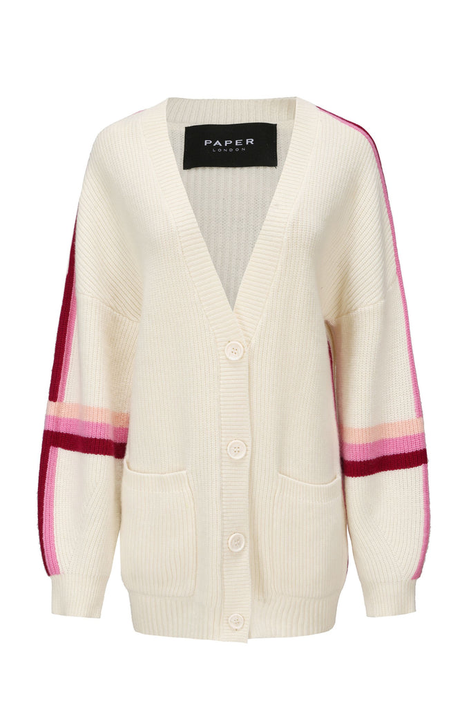 Daffodil Cardigan in Apres Ski Club - Relaxed fit ivory cardigan with contrast pink & red stripes on the sleeves