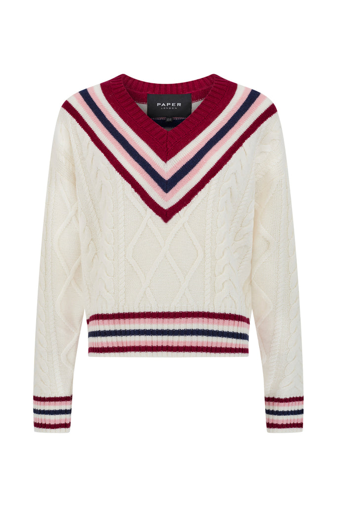 PAPER Prep Jumper - Oversized cable knit jumper with contrast pink, red & navy stripes