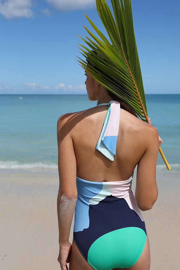 Fiji Swimsuit in At Twilight - Halter-neck swimsuit in bold striking print