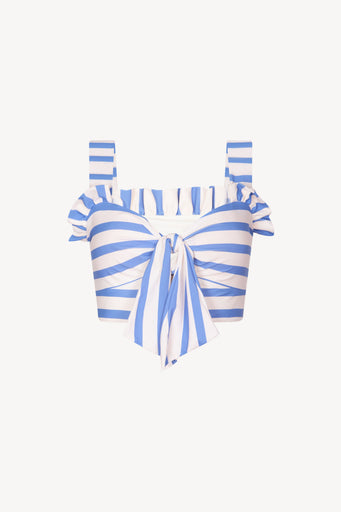 Maldives Bikini Top in Blue and Ivory Stripe Print. A supportive top with thick straps and removable padding.
