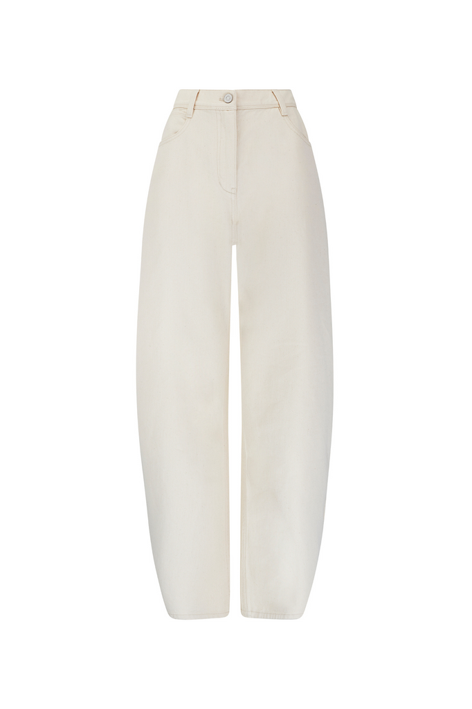 Emma Barrel Jeans - Ivory denim, featuring high waist, curved leg that tappers at the ankle. 