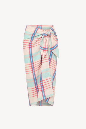 Red and blue Check sarong in birdcage print on a white background