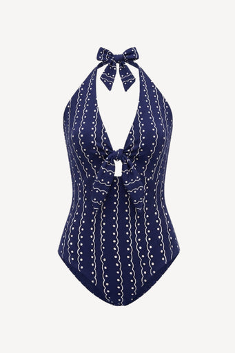 Fiji Swimsuit in Navy Scallop Print on texture fabric base