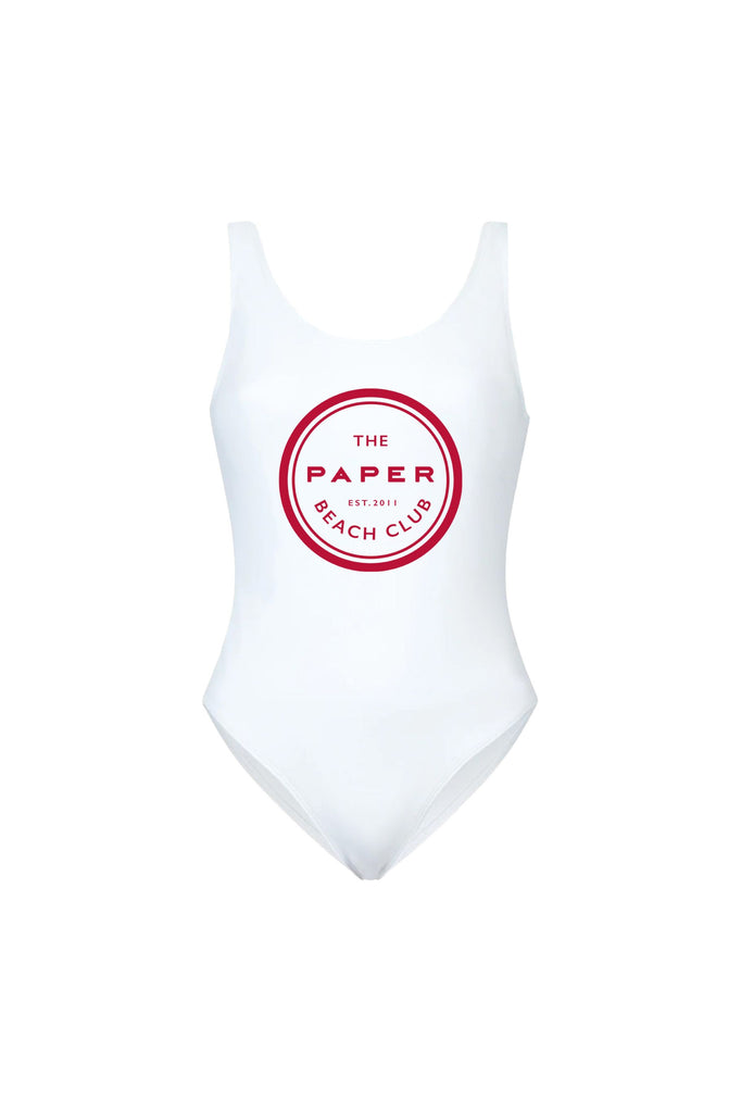 Beach Club Scoop Swimsuit - A scoopback silhouette and mid-high cut leg with our signature Beach Club logo in cherry red.