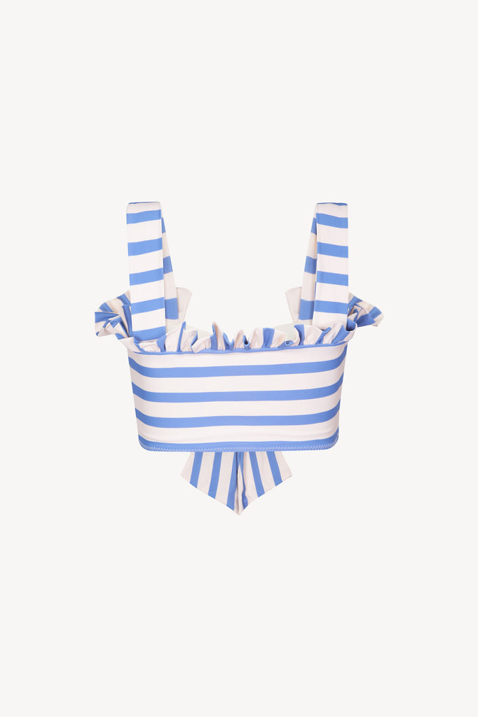 Maldives Bikini Top in Blue and Ivory Stripe Print. A supportive top with thick straps and removable padding.