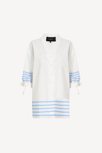 White cotton shirt with blue ribbon detailing. 