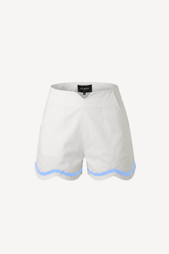 White cotton fraise shorts with light blue ribbon detail on a white background
