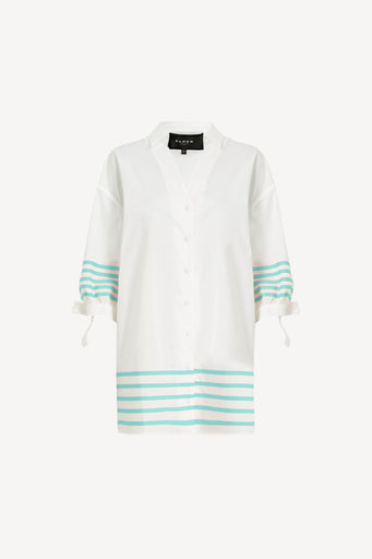 White cotton beach shirt with mint ribbon detailing 