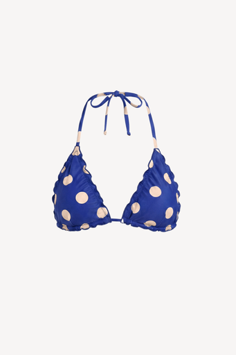Triangle bikini top in blue with peach spots 