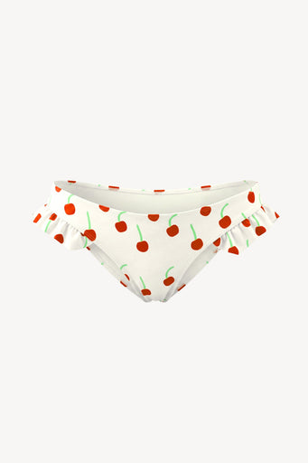 White ruffled bikini bottoms featuring a red cherry and green stem pattern, displayed against a solid off-white background.