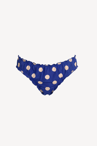 Blue bikini bottom with peach polka dots on a white background
