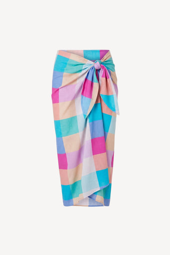 A sarong with a colourful pastel checkered pattern, tied at the waist, shown against a plain off-white background.