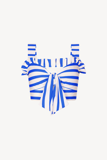 Blue and white striped bikini top on a light gray background