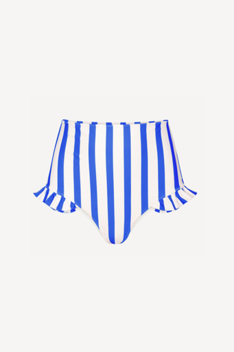 Blue and white striped bikini bottom on a light gray background