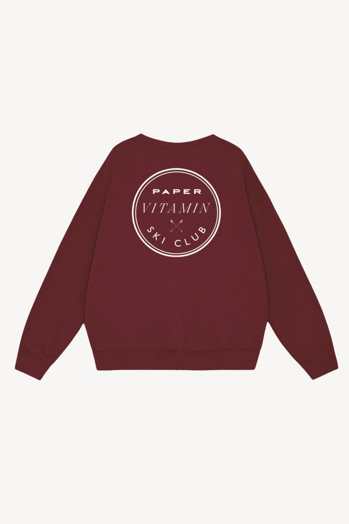 Burgundy Verbier Sweatshirt with PAPER London vitamin ski club logo on the back. Made from premium thick 100% cotton