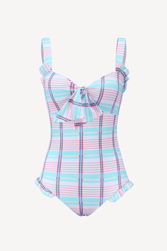 Blue and red check swimsuit on a white background