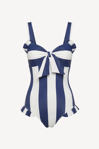 Navy and white striped swimsuit with bow detail on a white background