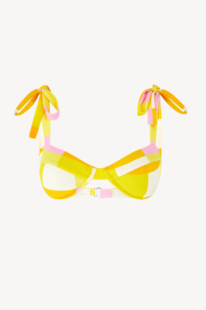 Bardot bikini top in a vibrant yellow and pink check, featuring adjustable straps and a flattering shape.