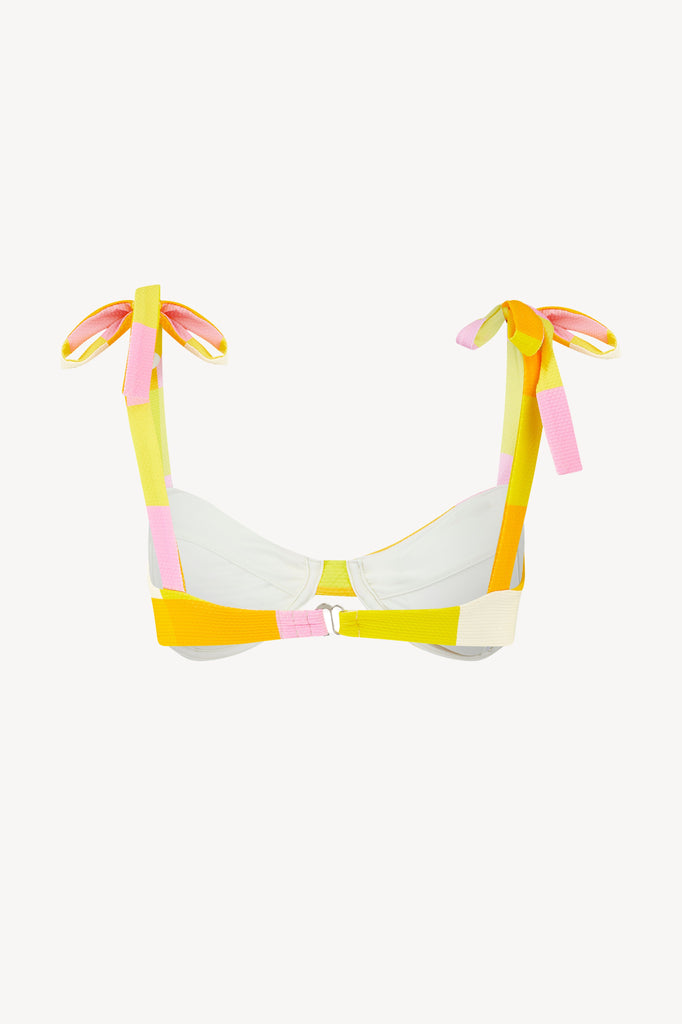 Bardot bikini top in a vibrant yellow and pink check, featuring adjustable straps and a flattering shape.