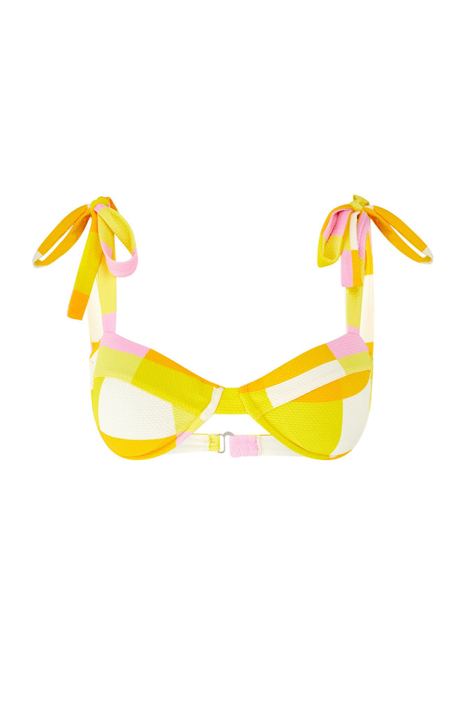 Bardot bikini top in a vibrant yellow and pink check, featuring adjustable straps and a flattering shape.