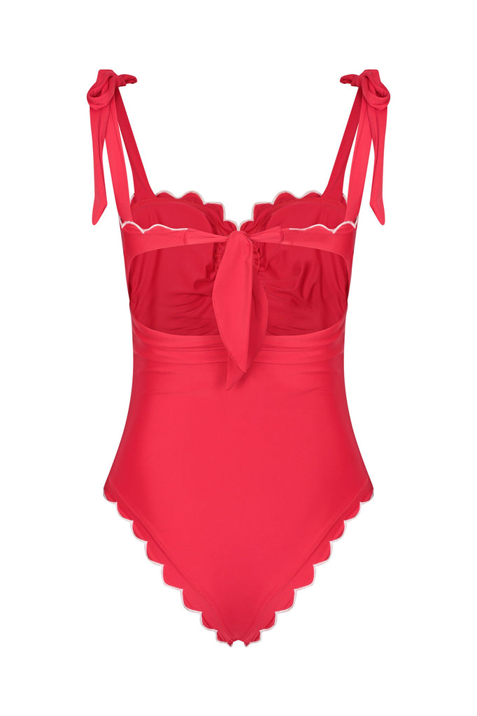 Florentine Swimsuit in Cherry Scallop - Red swimsuit with cut out ring detail and sweetheart neckline