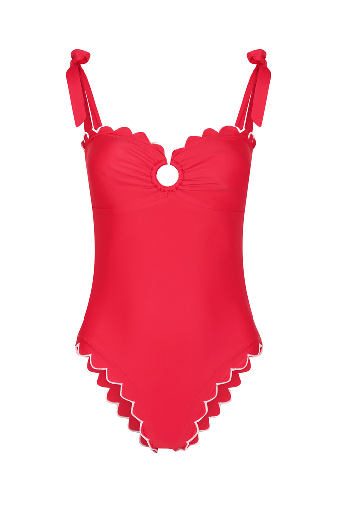 Florentine Swimsuit in Cherry Scallop - Red swimsuit with cut out ring detail and sweetheart neckline