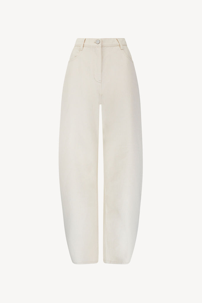 Emma Barrel Jeans - Ivory denim, featuring high waist, curved leg that tappers at the ankle. 