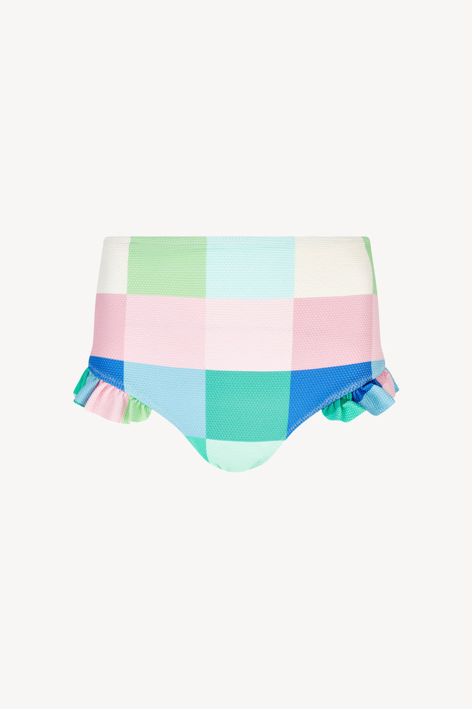 Maldives Pants in Pink, Blue and Green Check. Full Coverage bottoms with high waist. 