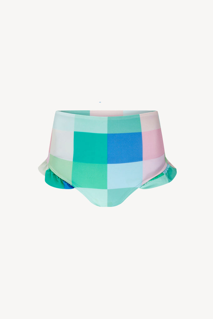 Maldives Pants in Pink, Blue and Green Check. Full Coverage bottoms with high waist. 