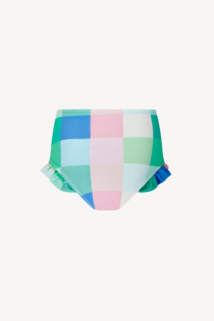 Maldives Pants in Pink, Blue and Green Check. Full Coverage bottoms with high waist. 