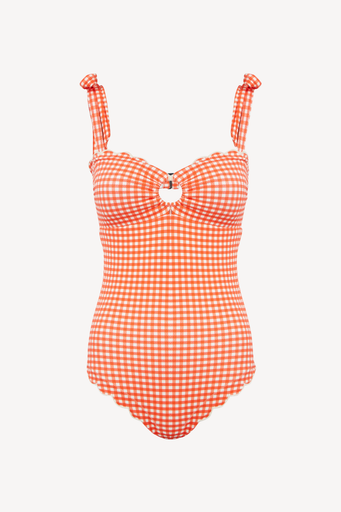 Orange and white checkered swimsuit on a light grey background