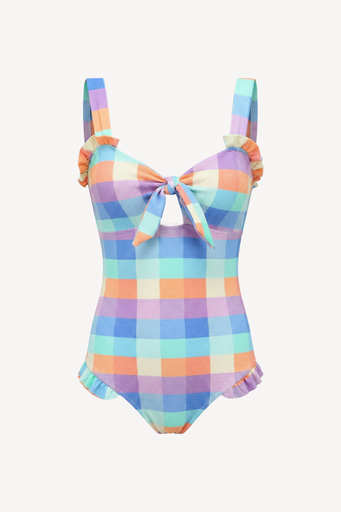 Multicolored checkered swimsuit with bow detail on a white background
