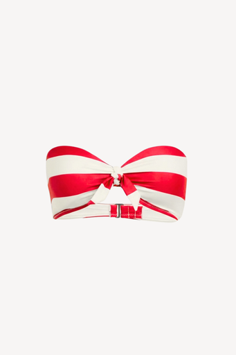 Red and white striped bandeau bikini top on a white background