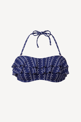 Tahiti bikini top in navy with scallop print on textured fabric 