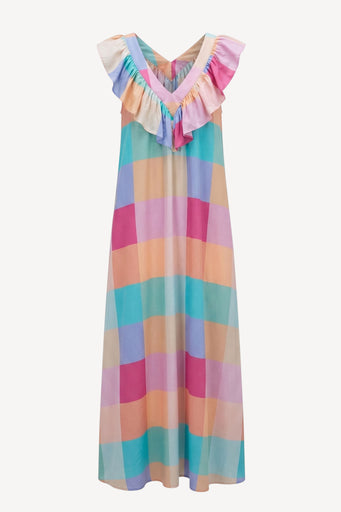 A sleeveless maxi dress with a colorful pastel checkered pattern and ruffled shoulder details, shown against a plain light background.