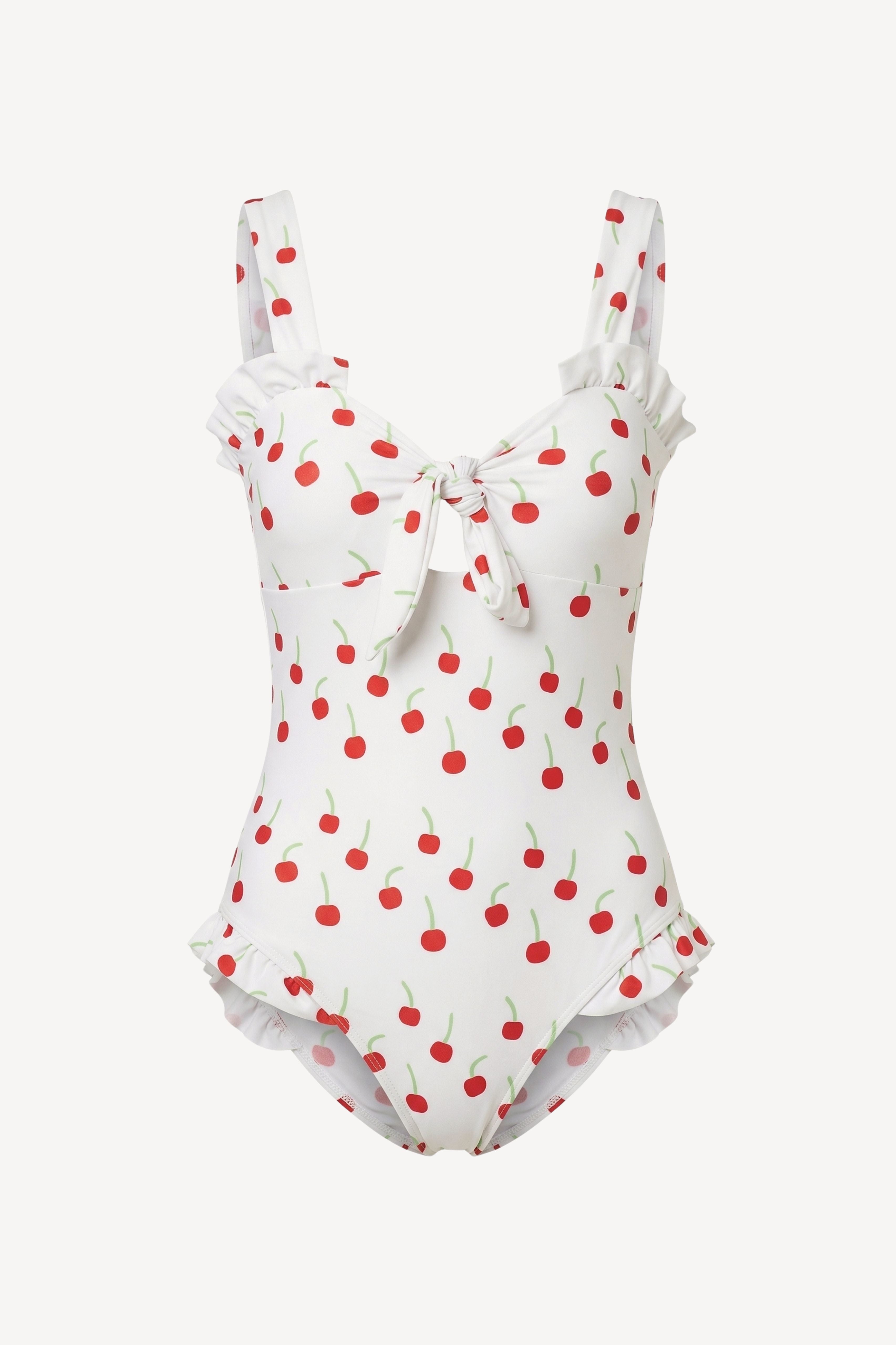 Maldives swimsuit in cherry print on a white background 
