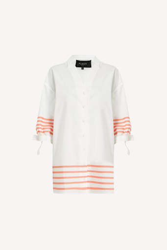 White cotton beach shirt with peach gros grain trim on a white background