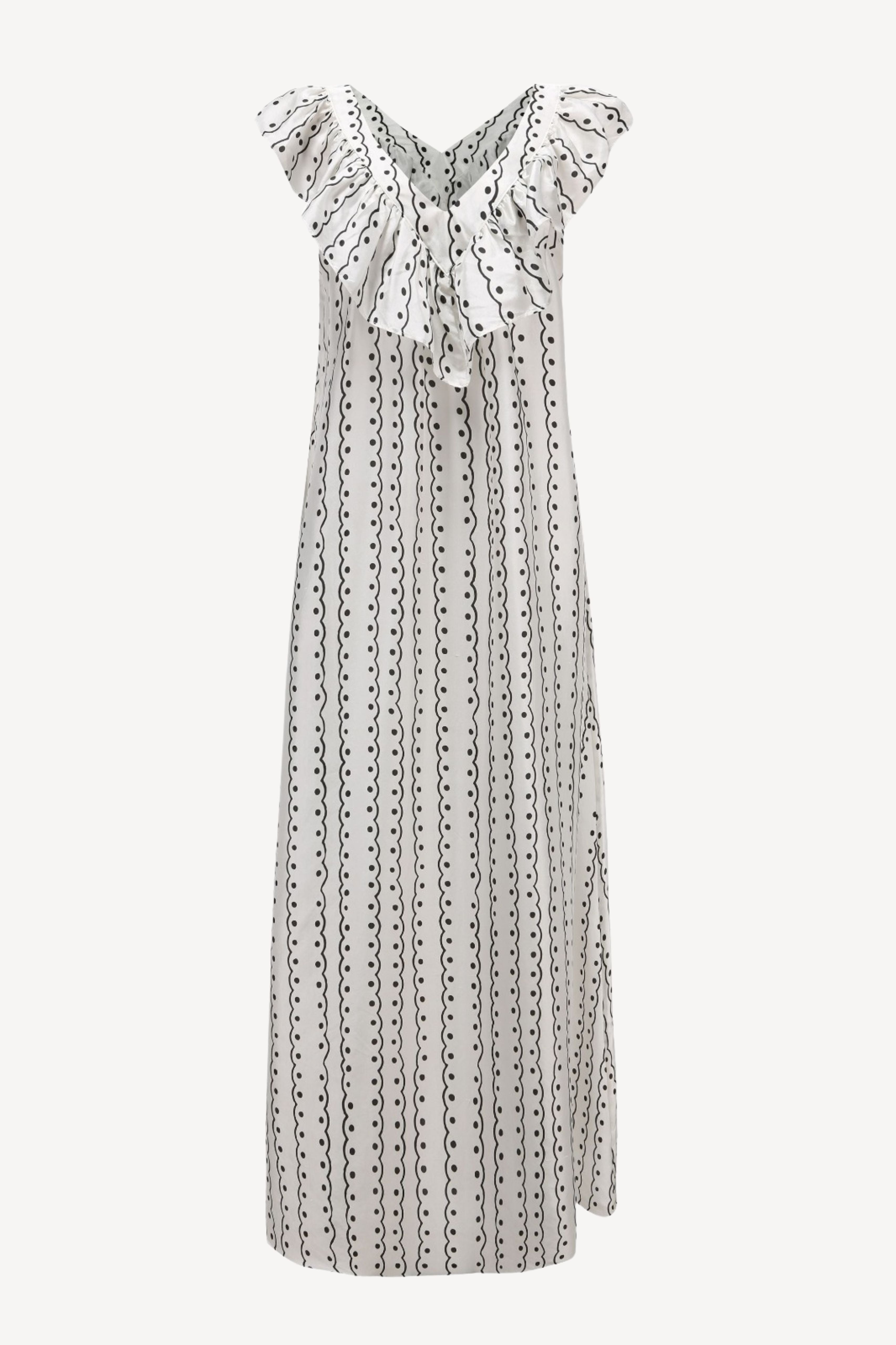 A sleeveless white dress with a black dotted vertical pattern and ruffled cap sleeves, featuring a tie-neck detail, shown against a plain light gray background.