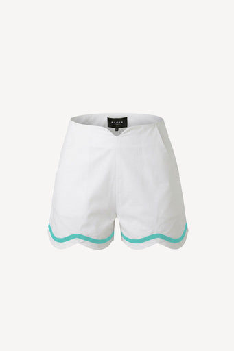White cotton fraise shorts with turquoise trim on a white background