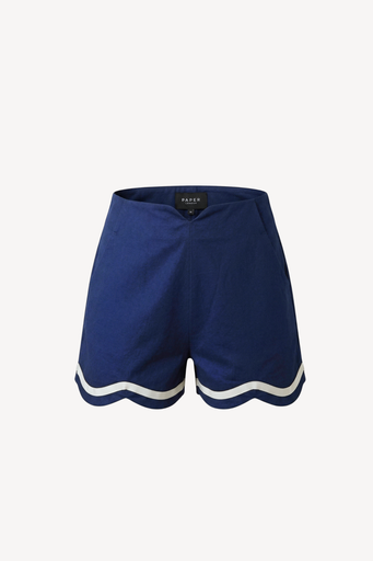 Navy fraise shorts with white trim on a light gray background