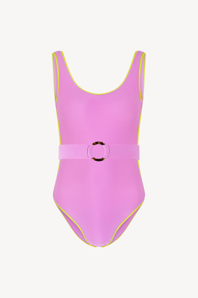 SoulCycle X PAPER one-piece swimsuit with detachable belt and low scoop back.