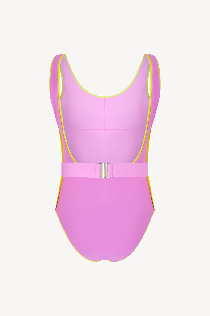 SoulCycle X PAPER one-piece swimsuit with detachable belt and low scoop back.