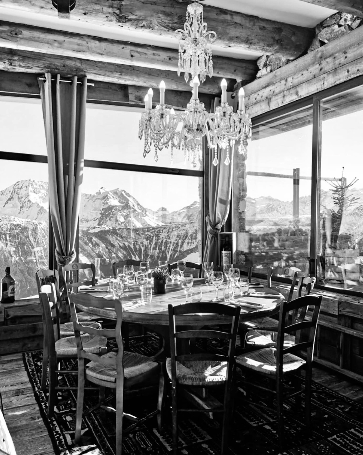 Black and white image of interior of La Soucoupe Restaurant