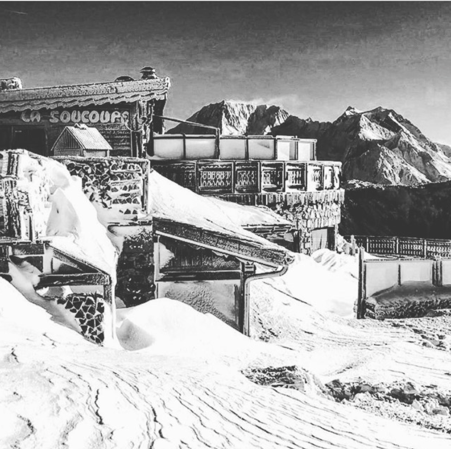Black and white image of La Soucoupe Restaurant in the Courchevel mountains