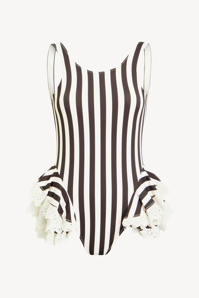 One-piece swimsuit in black and white stripe print. The swimsuit with full coverage with low back silhouette.